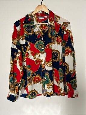 80s Alfred Dunner Red, Navy & White Baroque Print Button-Front Shirt